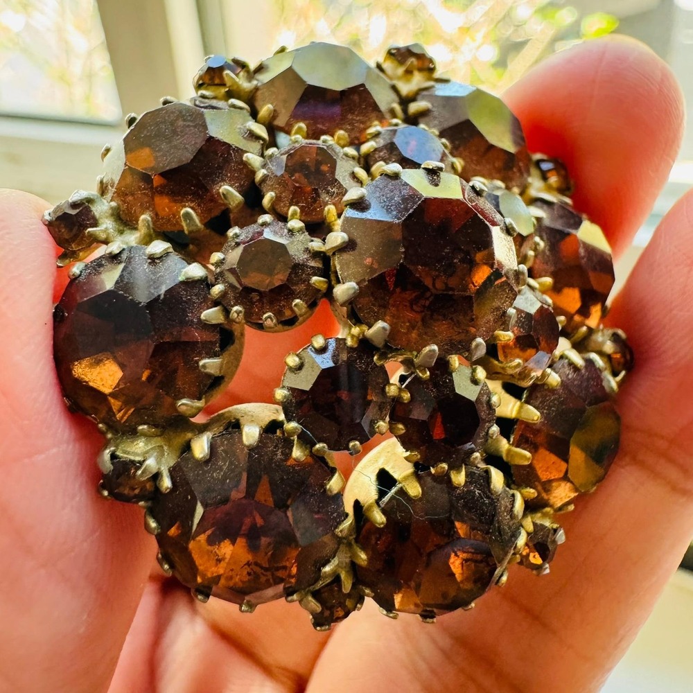 Vintage WEISS Brooch Amber Rhinestone Flower Pin Gold Tone Cognac ELEGANT